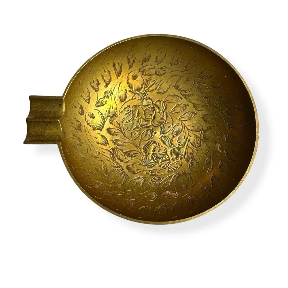 Vintage Mid‎ Century Brass Ashtray Cigarette Cigar India Ornate Marked Metal 4
